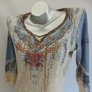 Western Knit Top 3/4 Sleeves Wild West Leather Tie